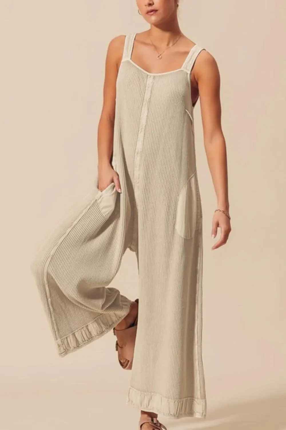 Ladyful Women's Summer Wide Leg Overalls Casual Loose Sleeveless Jumpsuits Waffle Backless Tank Romper