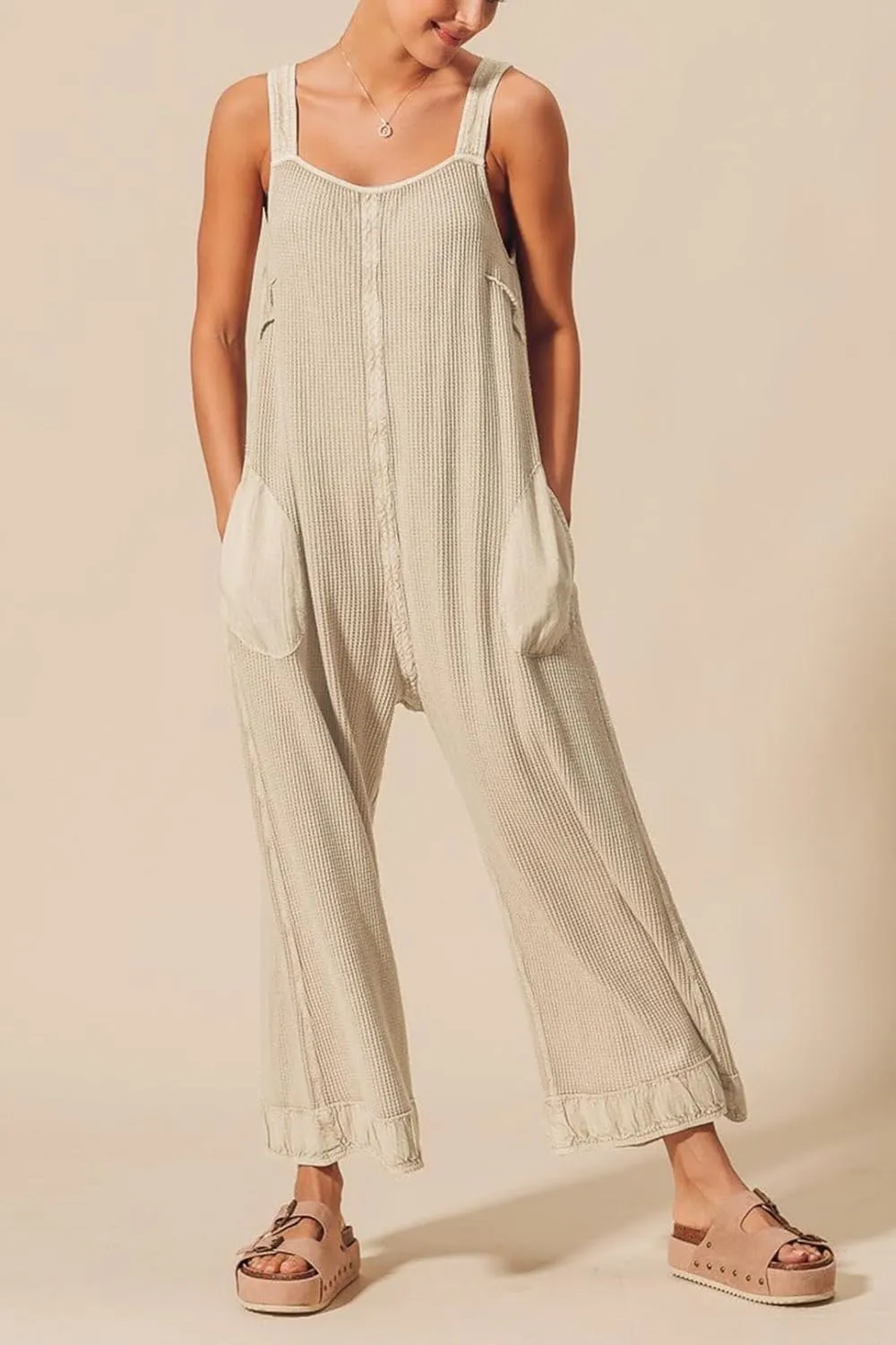 Ladyful Women's Summer Wide Leg Overalls Casual Loose Sleeveless Jumpsuits Waffle Backless Tank Romper