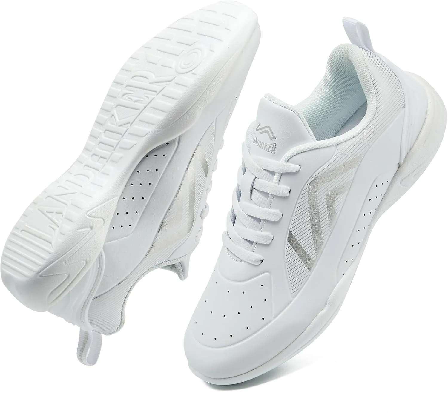 LANDHIKER Womens White Girls Cheer Shoes Cheerleading Shoes Youth Sports Training Athletic Flats Lightweight Breathable Comfortable Fabric Kids Cheer Sneakers Size