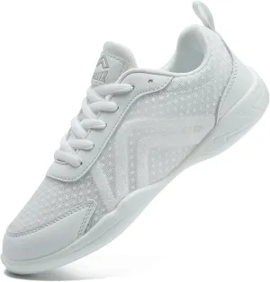 LANDHIKER Womens White Girls Cheer Shoes Cheerleading Shoes Youth Sports Training Athletic Flats Lightweight Breathable Comfortable Fabric Kids Cheer Sneakers Size