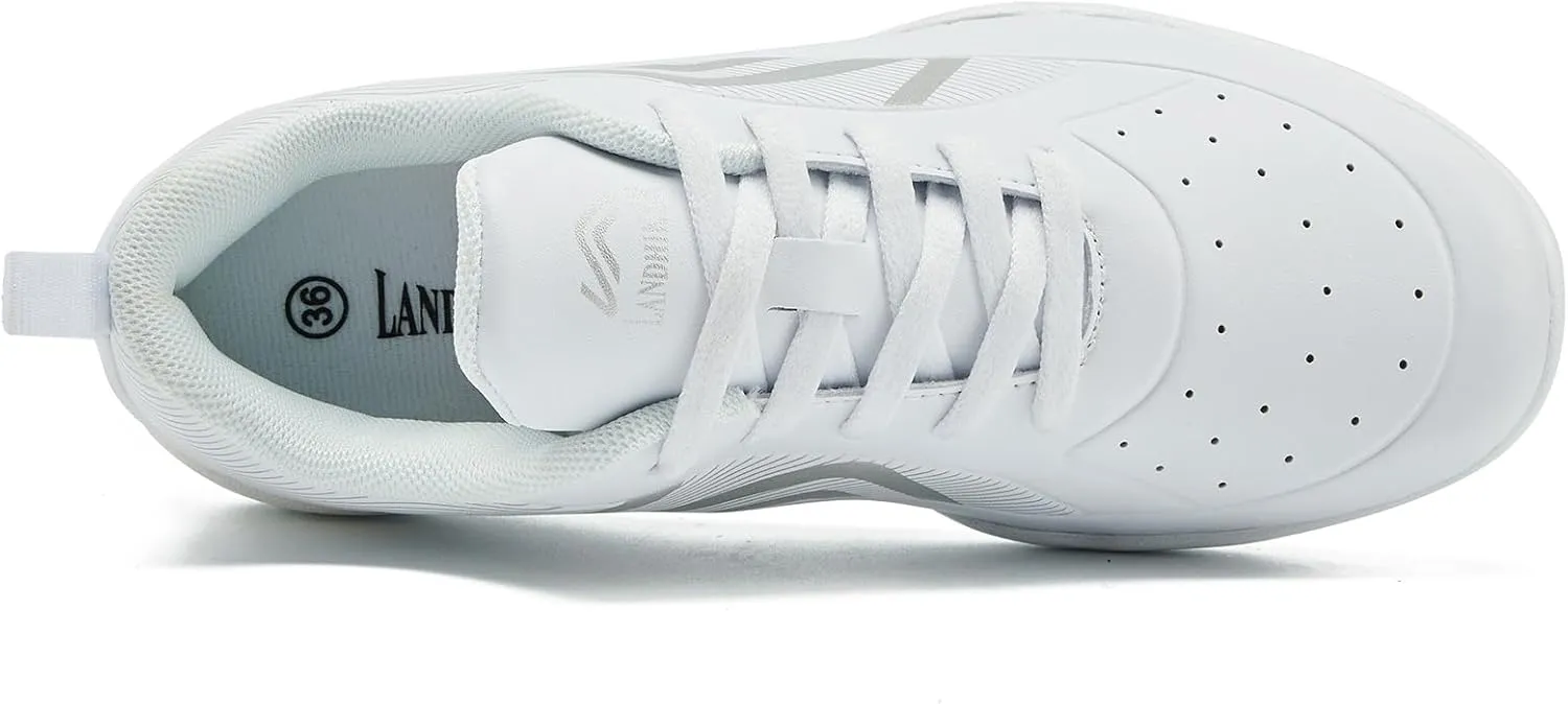 LANDHIKER Womens White Girls Cheer Shoes Cheerleading Shoes Youth Sports Training Athletic Flats Lightweight Breathable Comfortable Fabric Kids Cheer Sneakers Size