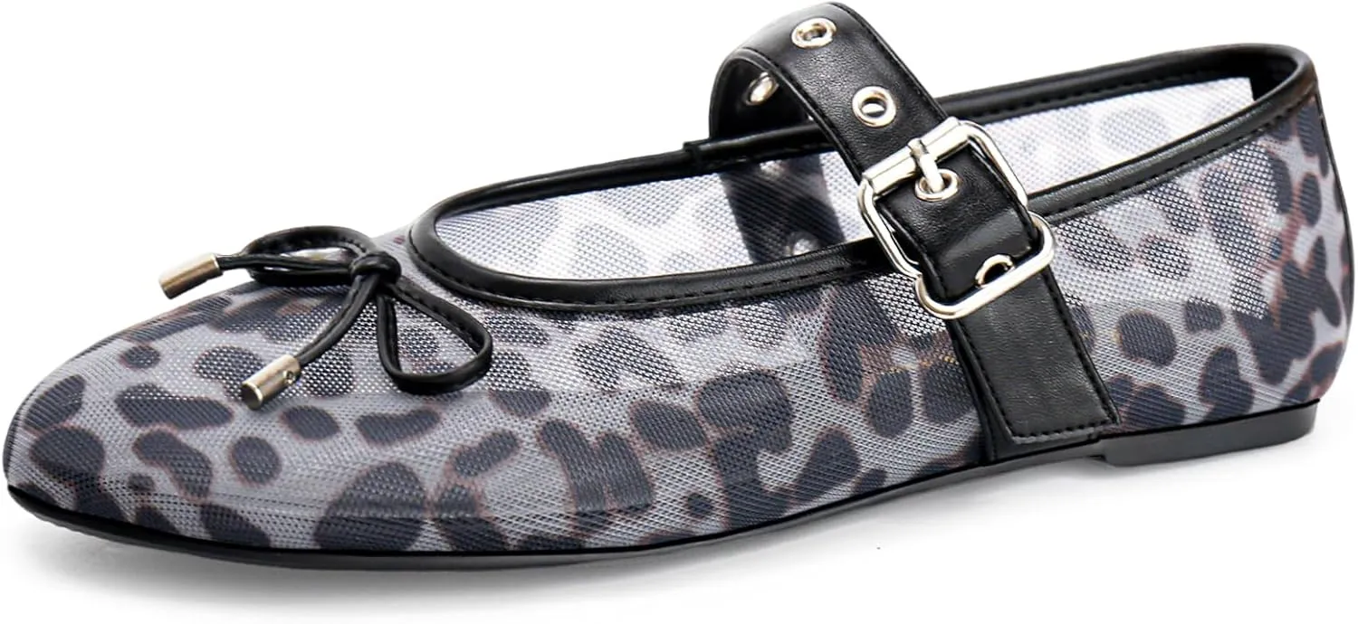 Leopard Flats for Women Mesh Flats Ballet Flats Mary Jane Flats Women's Dress Shoes Ballet Shoes