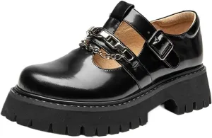 Loafers for Women Women’s Genuine Cow Leather Lolita Shoes with Round Toe, Strap & Metal Chain Decoration Handmade Flats for Stylish Comfort