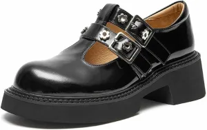 Loafers for Women Women’s Genuine Cow Leather Round Toe Platform Flats with Metal Eyelet Double Buckle Strap Handmade Comfort Shoes
