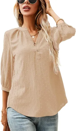 LOMON Women's Casual 3/4 Sleeve Henley V-Neck Button Up Pleated Back Blouses Swiss Dot Blouse Tops T-Shirts S-XXL
