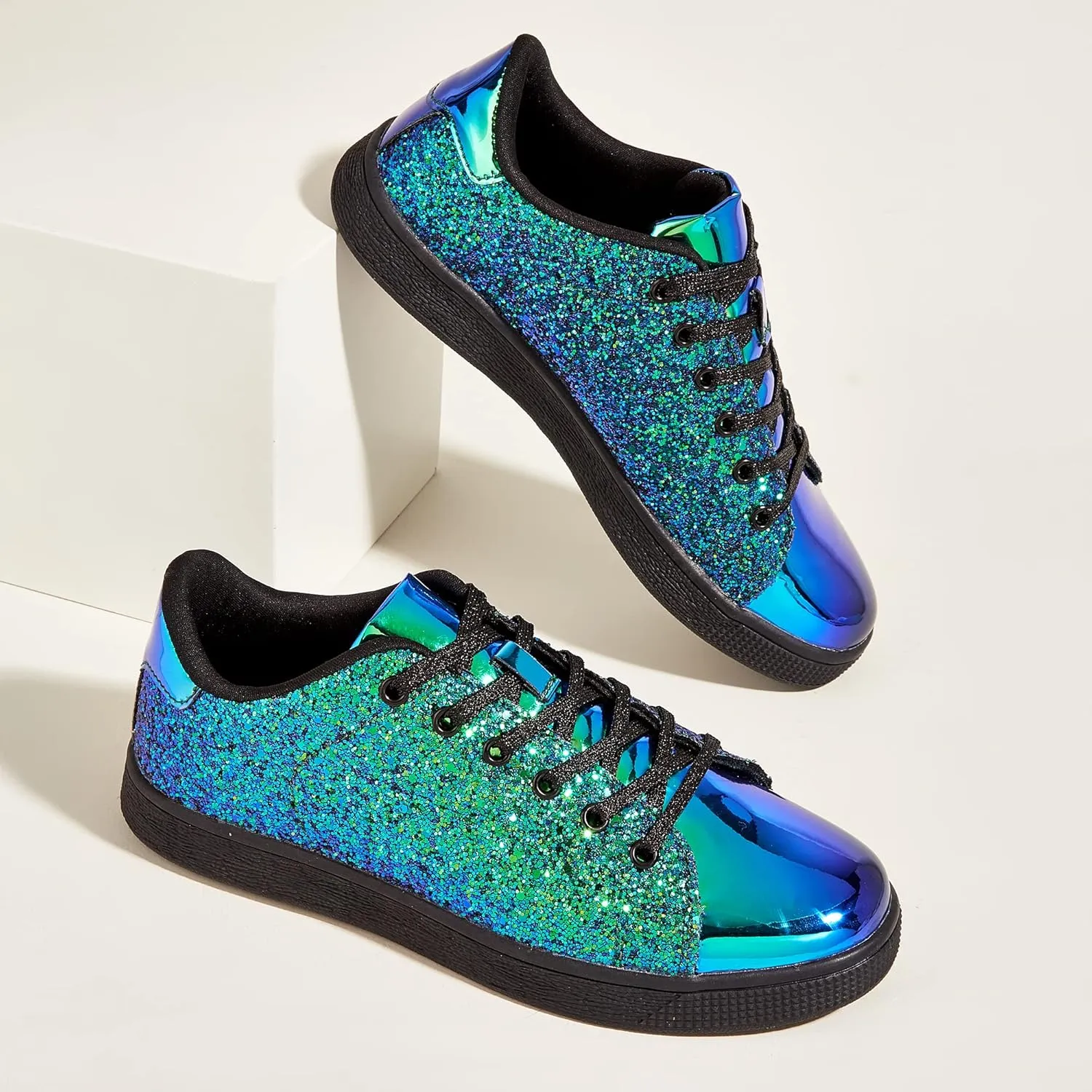 LUCKY STEP Glitter Sneakers Lace up | Fashion Sneakers | Sparkly Shoes for Women