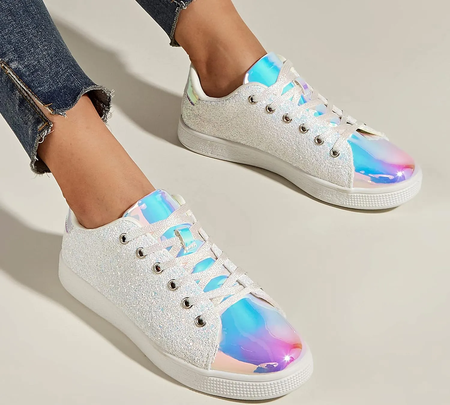 LUCKY STEP Glitter Sneakers Lace up | Fashion Sneakers | Sparkly Shoes for Women