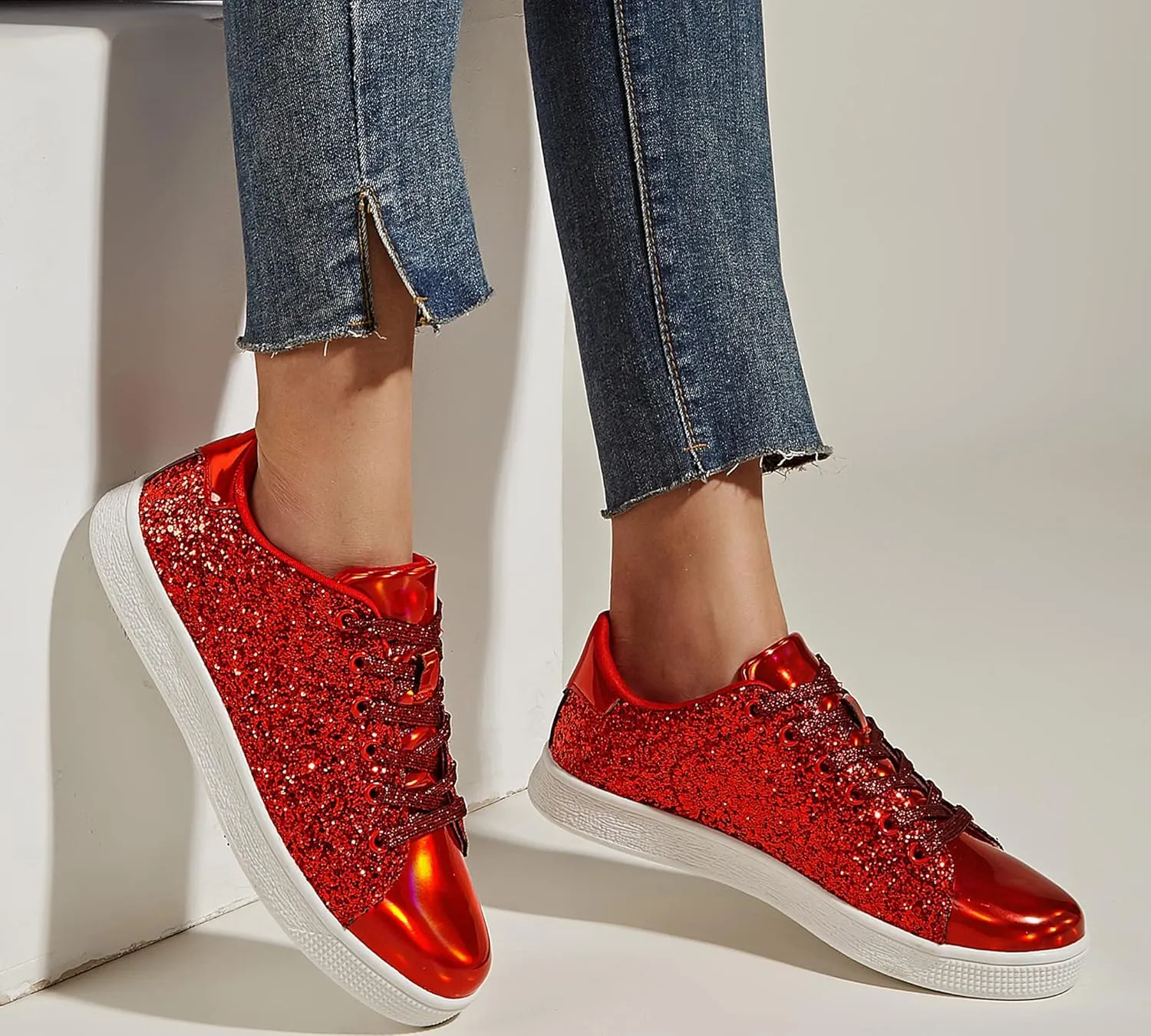 LUCKY STEP Glitter Sneakers Lace up | Fashion Sneakers | Sparkly Shoes for Women
