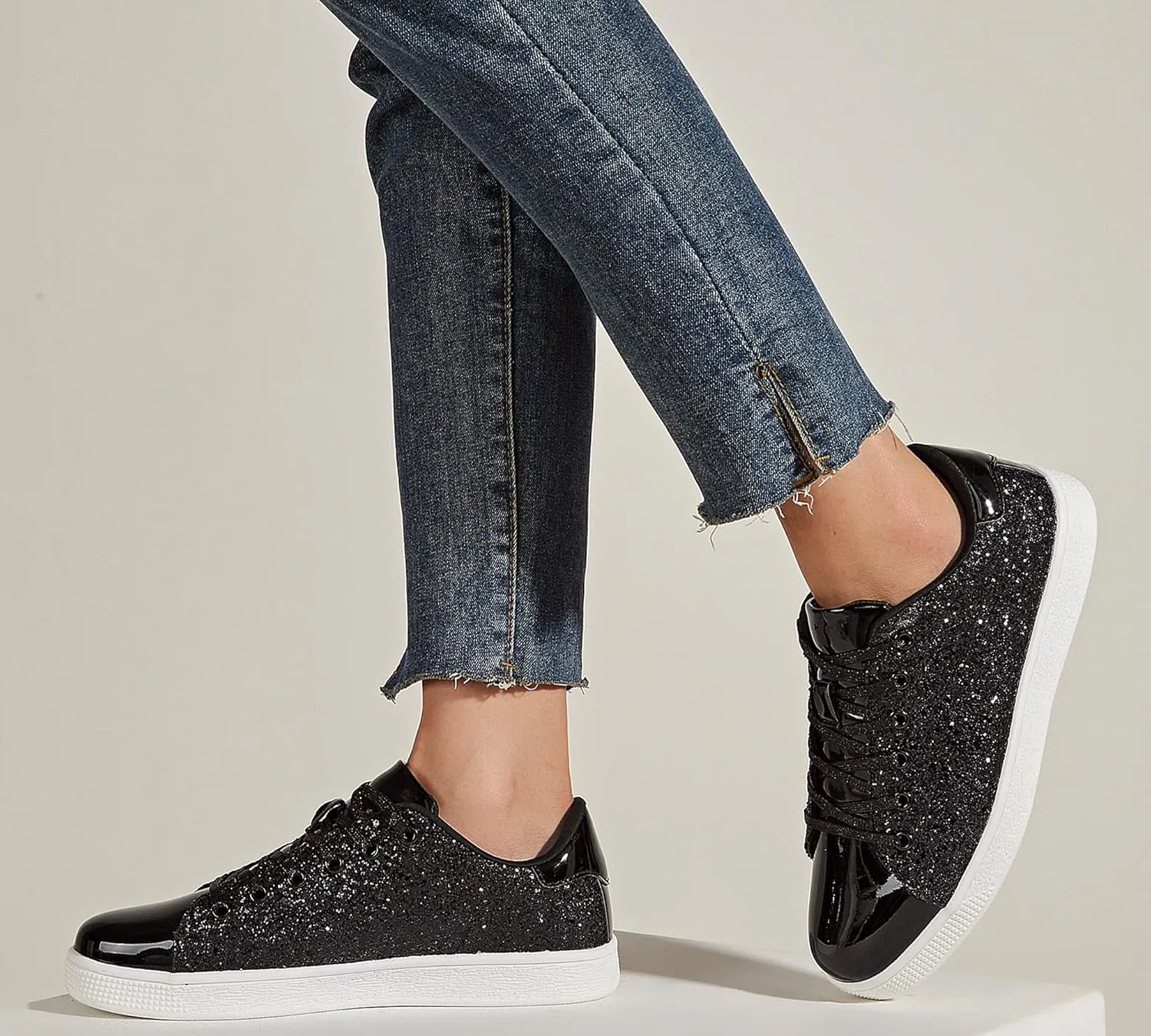 LUCKY STEP Glitter Sneakers Lace up | Fashion Sneakers | Sparkly Shoes for Women