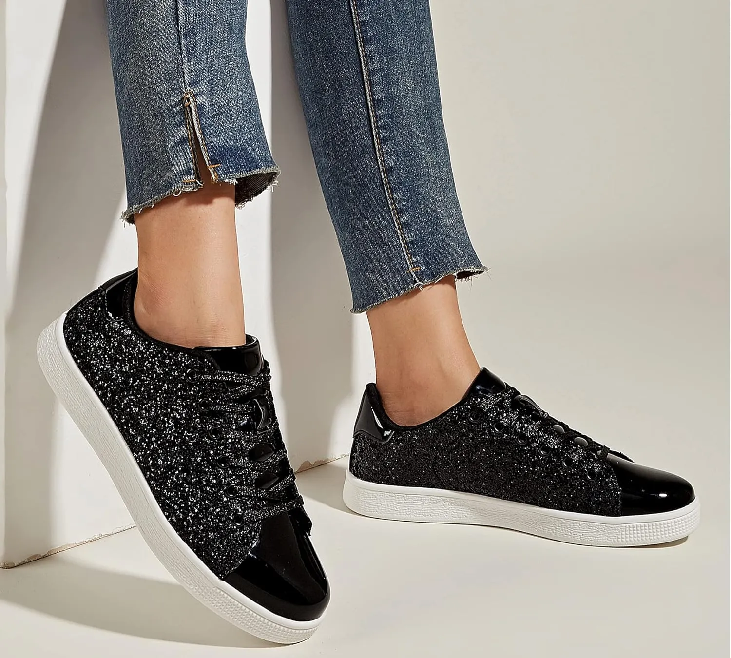 LUCKY STEP Glitter Sneakers Lace up | Fashion Sneakers | Sparkly Shoes for Women
