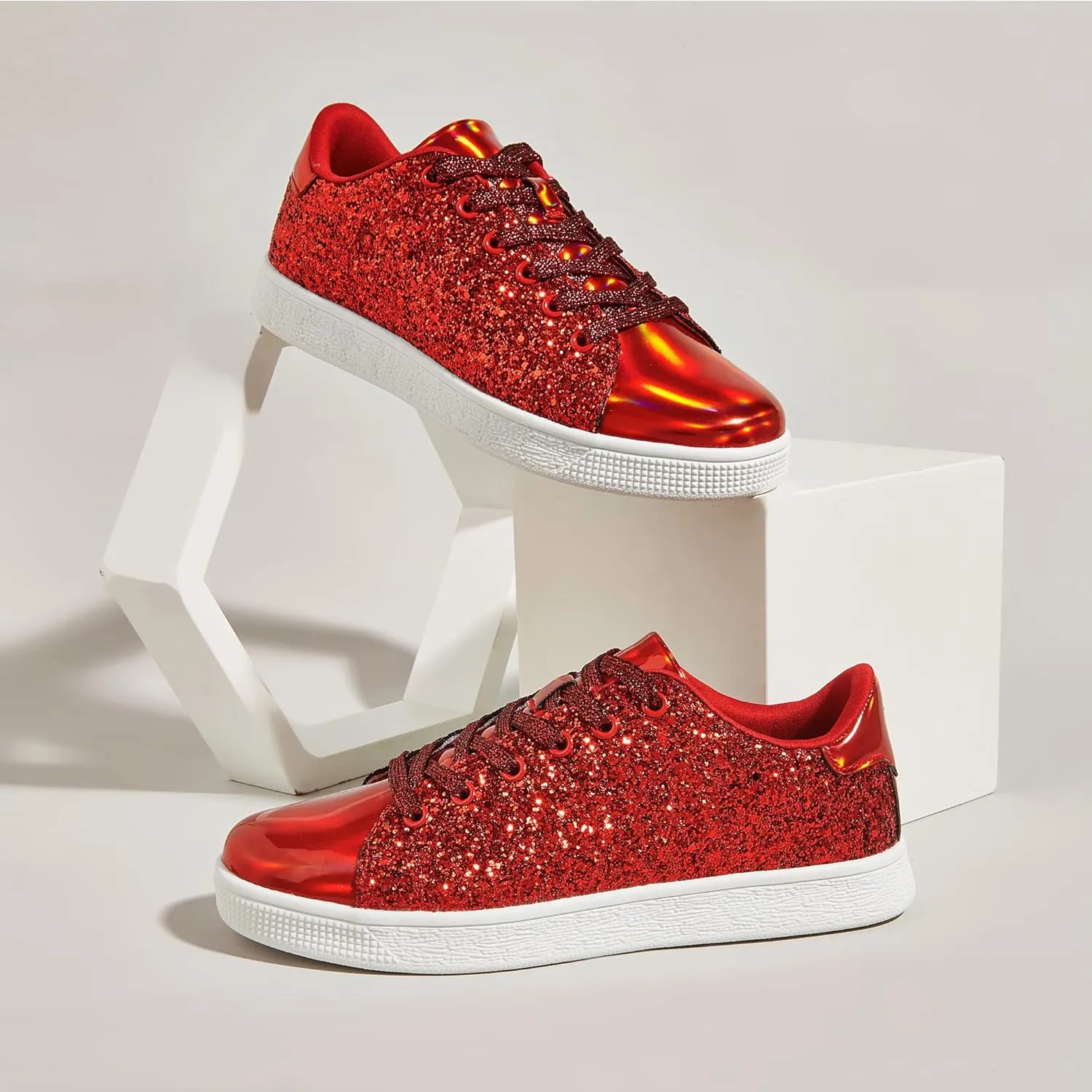 LUCKY STEP Glitter Sneakers Lace up | Fashion Sneakers | Sparkly Shoes for Women