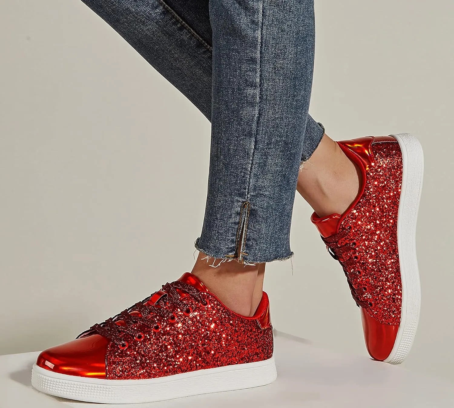 LUCKY STEP Glitter Sneakers Lace up | Fashion Sneakers | Sparkly Shoes for Women