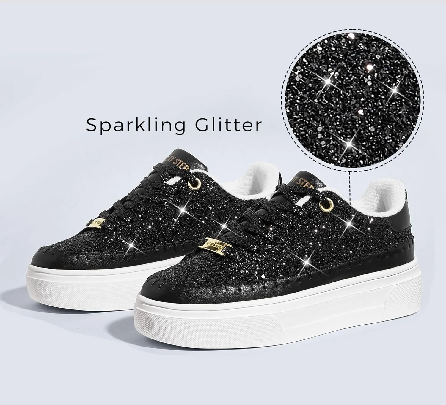 LUCKY STEP Platform Glitter Sneakers for Women Fashion Sparkly Bling Shiny Low Top Tennis Sneakers Faux Leather Casual Walking Shoes