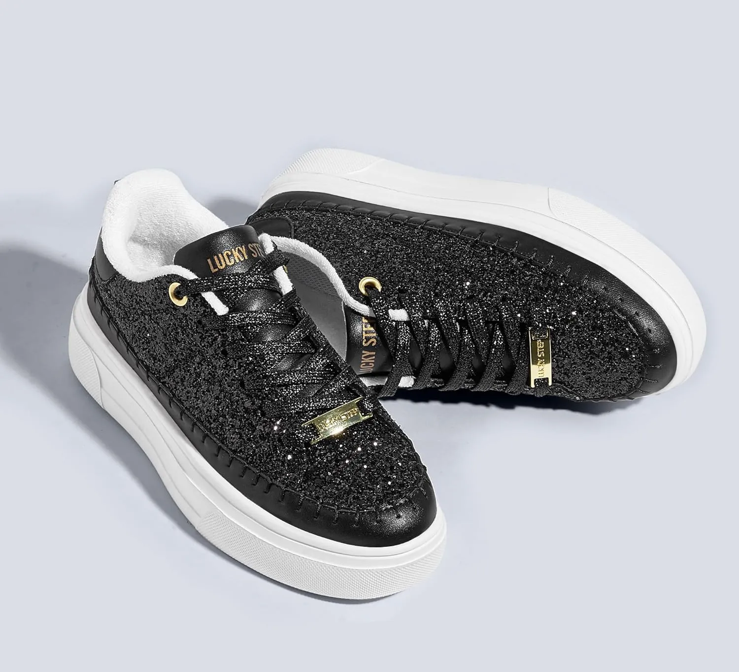 LUCKY STEP Platform Glitter Sneakers for Women Fashion Sparkly Bling Shiny Low Top Tennis Sneakers Faux Leather Casual Walking Shoes