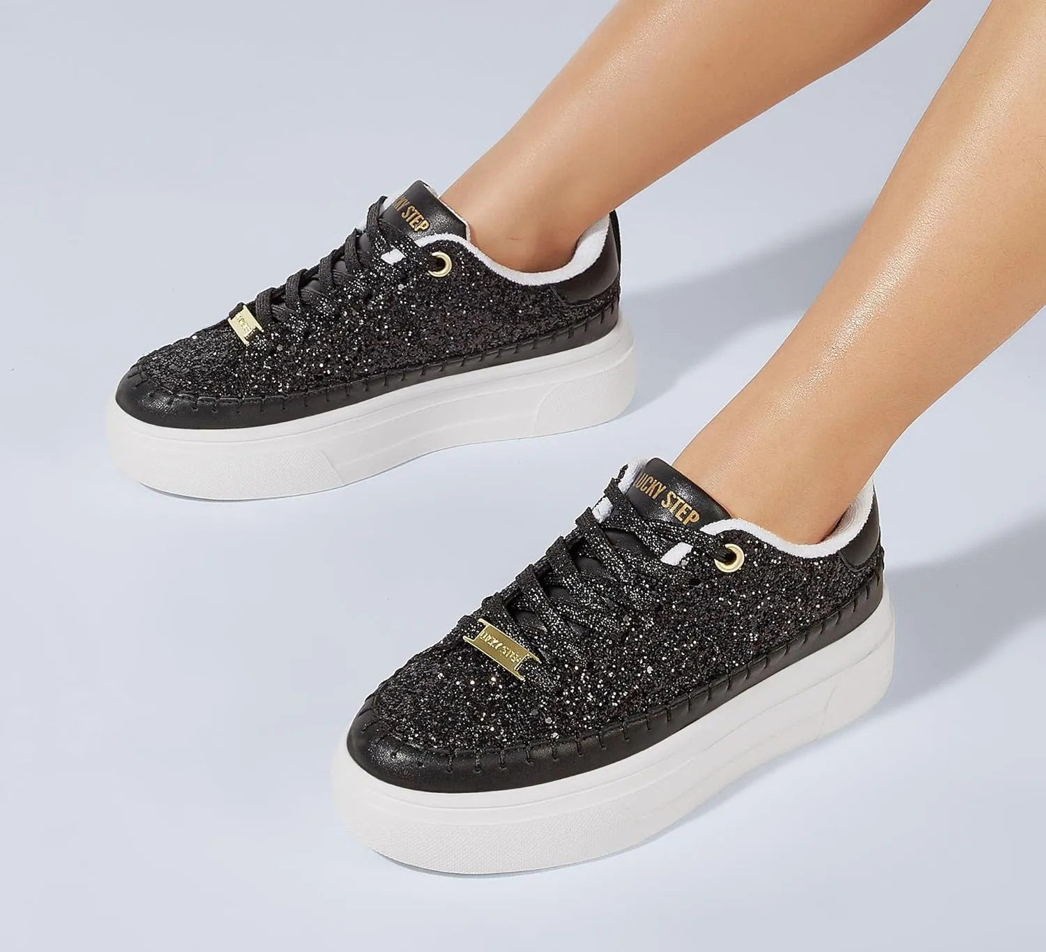 LUCKY STEP Platform Glitter Sneakers for Women Fashion Sparkly Bling Shiny Low Top Tennis Sneakers Faux Leather Casual Walking Shoes
