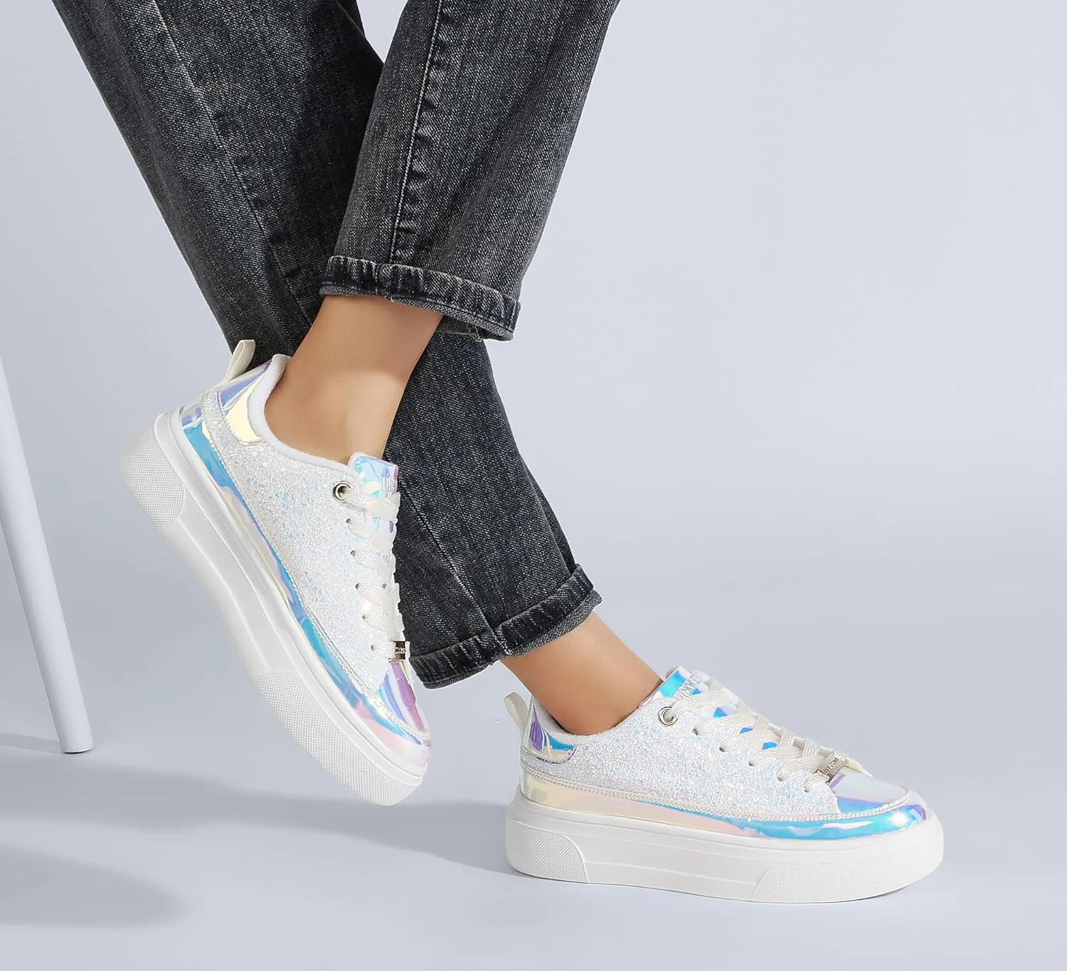 LUCKY STEP Platform Glitter Sneakers for Women Fashion Sparkly Bling Shiny Low Top Tennis Sneakers Faux Leather Casual Walking Shoes