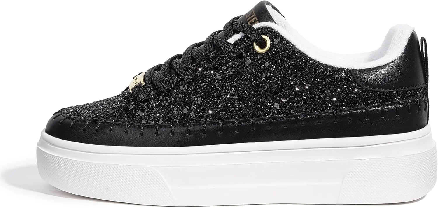 LUCKY STEP Platform Glitter Sneakers for Women Fashion Sparkly Bling Shiny Low Top Tennis Sneakers Faux Leather Casual Walking Shoes