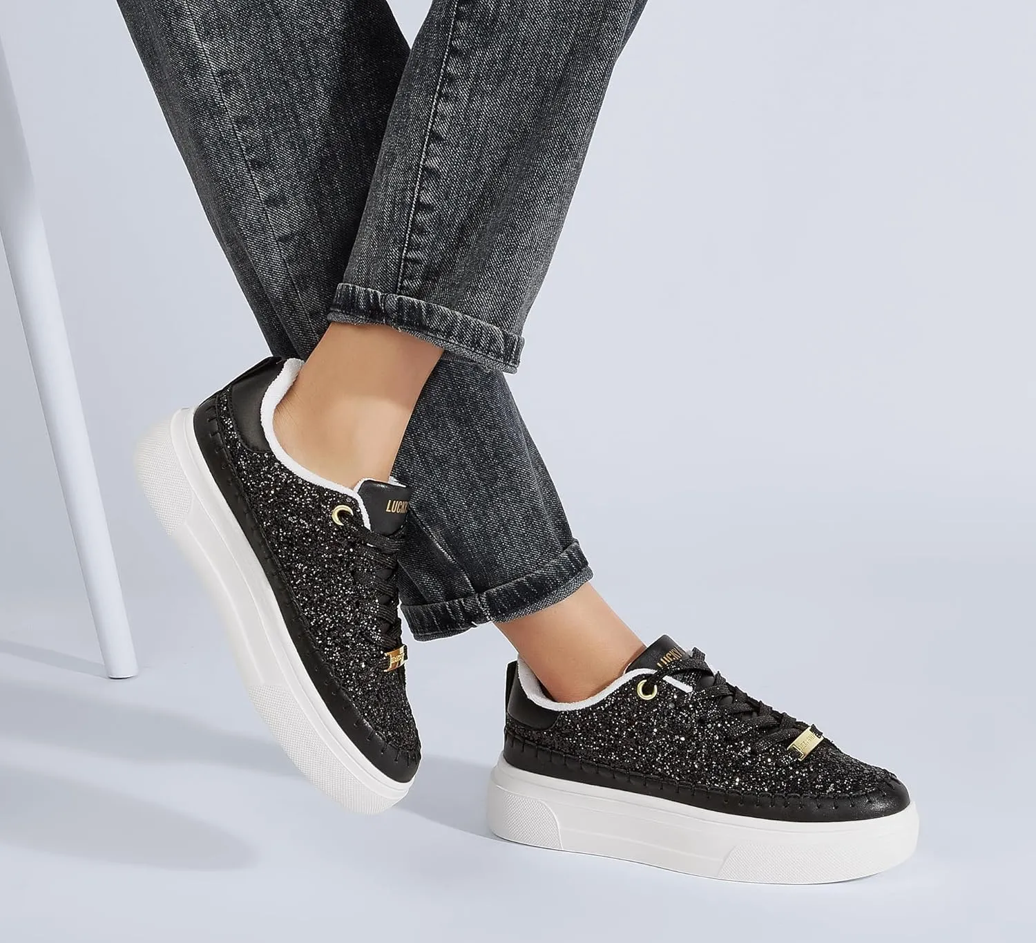 LUCKY STEP Platform Glitter Sneakers for Women Fashion Sparkly Bling Shiny Low Top Tennis Sneakers Faux Leather Casual Walking Shoes
