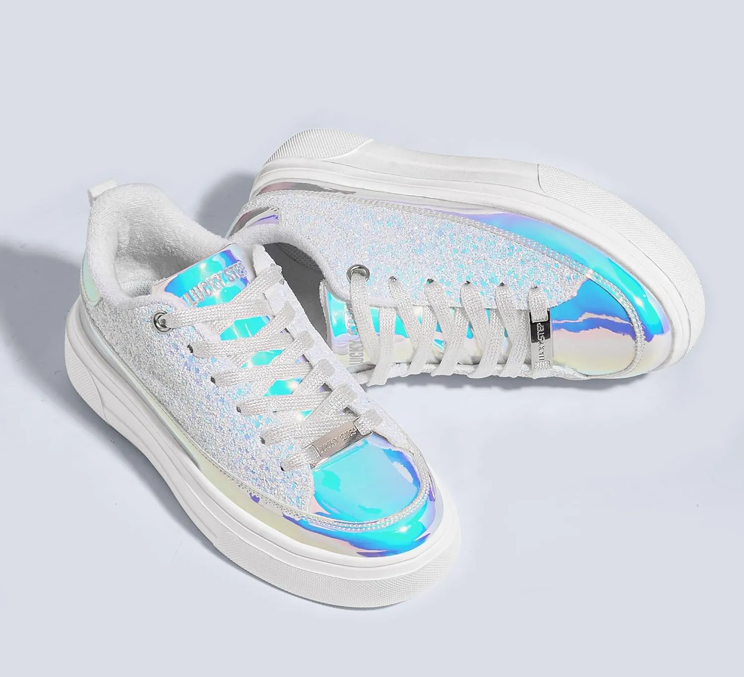 LUCKY STEP Platform Glitter Sneakers for Women Fashion Sparkly Bling Shiny Low Top Tennis Sneakers Faux Leather Casual Walking Shoes