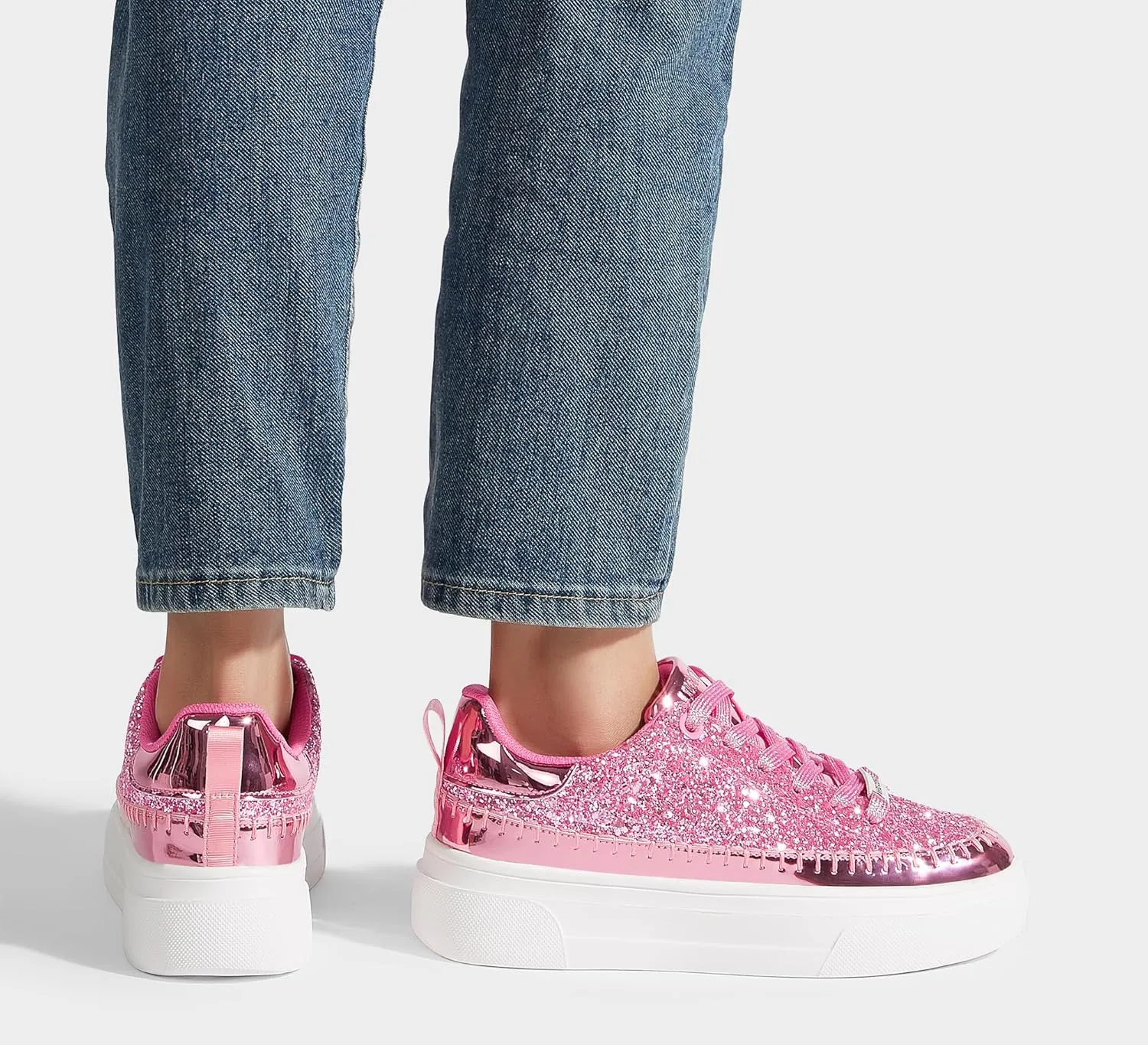 LUCKY STEP Platform Glitter Sneakers for Women Fashion Sparkly Bling Shiny Low Top Tennis Sneakers Faux Leather Casual Walking Shoes