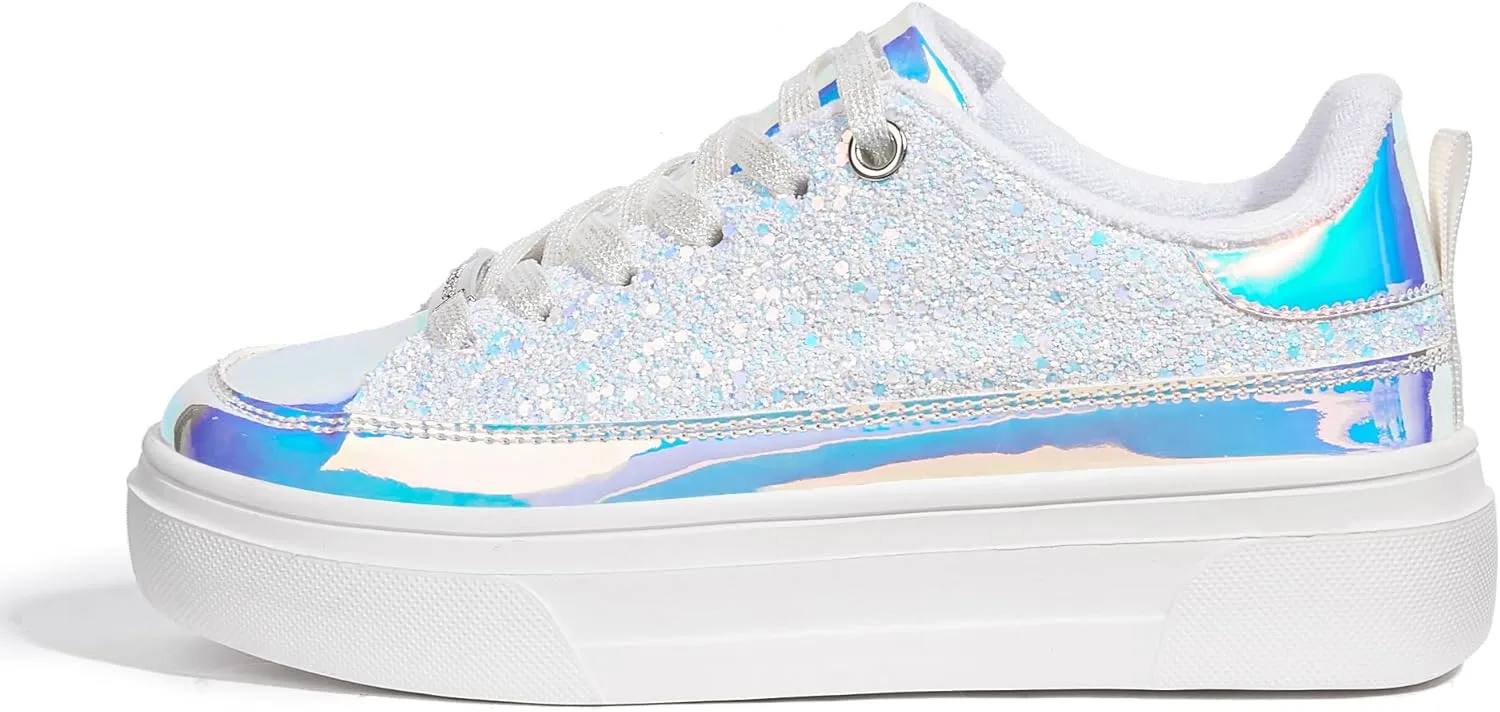 LUCKY STEP Platform Glitter Sneakers for Women Fashion Sparkly Bling Shiny Low Top Tennis Sneakers Faux Leather Casual Walking Shoes