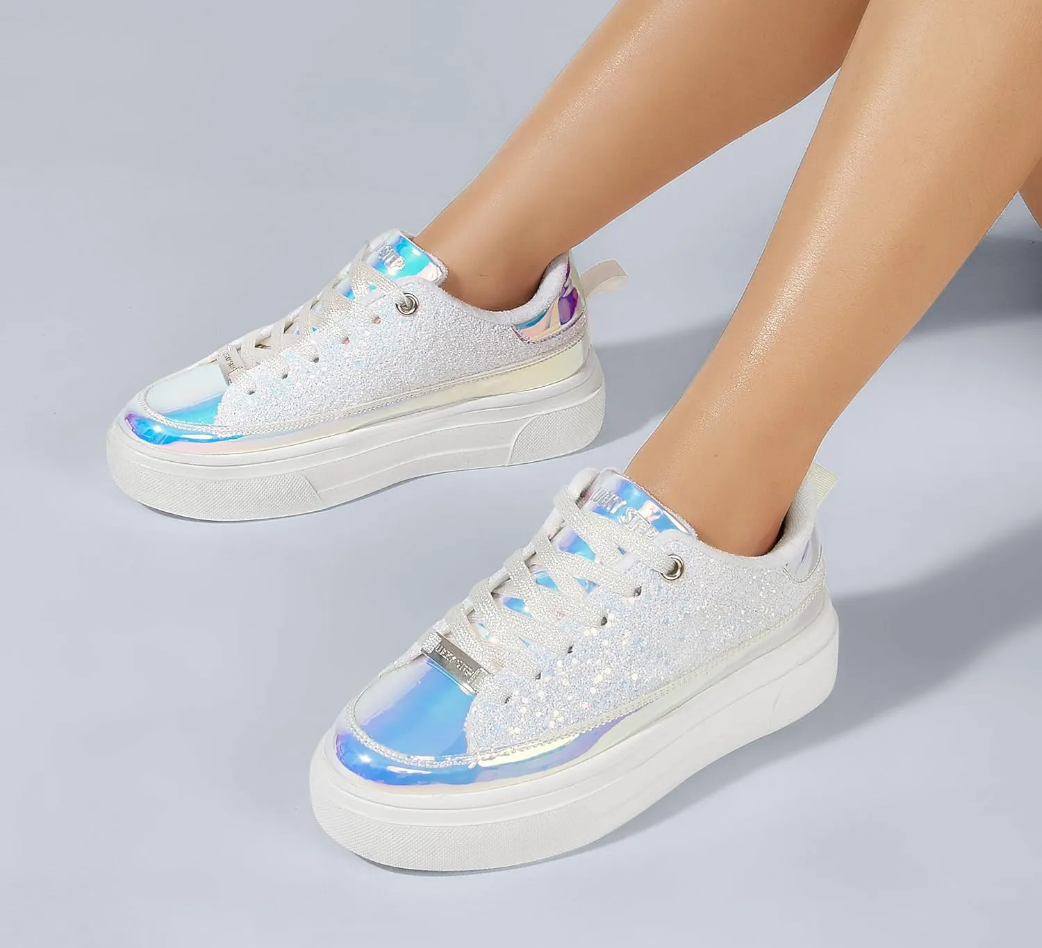 LUCKY STEP Platform Glitter Sneakers for Women Fashion Sparkly Bling Shiny Low Top Tennis Sneakers Faux Leather Casual Walking Shoes