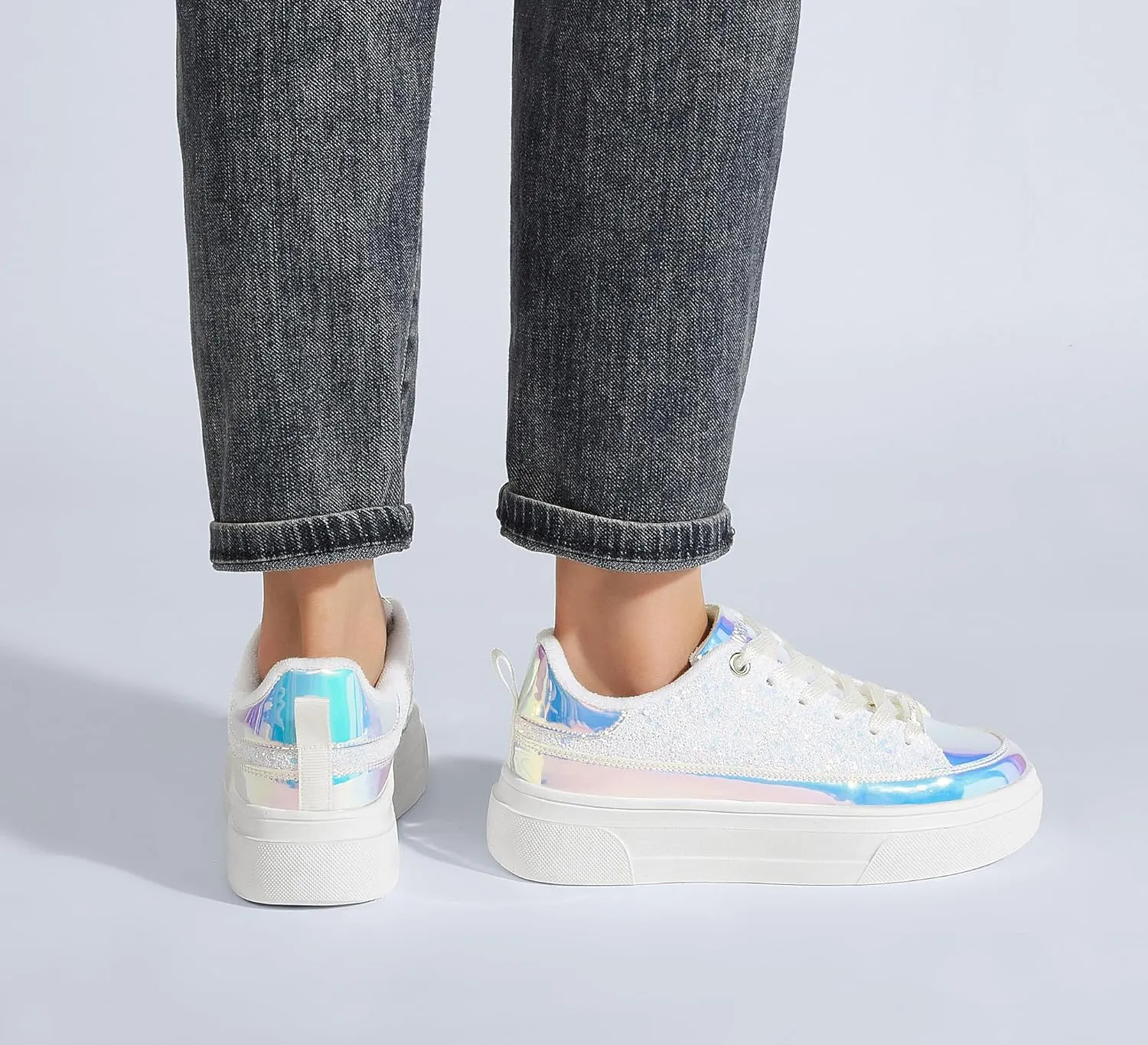 LUCKY STEP Platform Glitter Sneakers for Women Fashion Sparkly Bling Shiny Low Top Tennis Sneakers Faux Leather Casual Walking Shoes