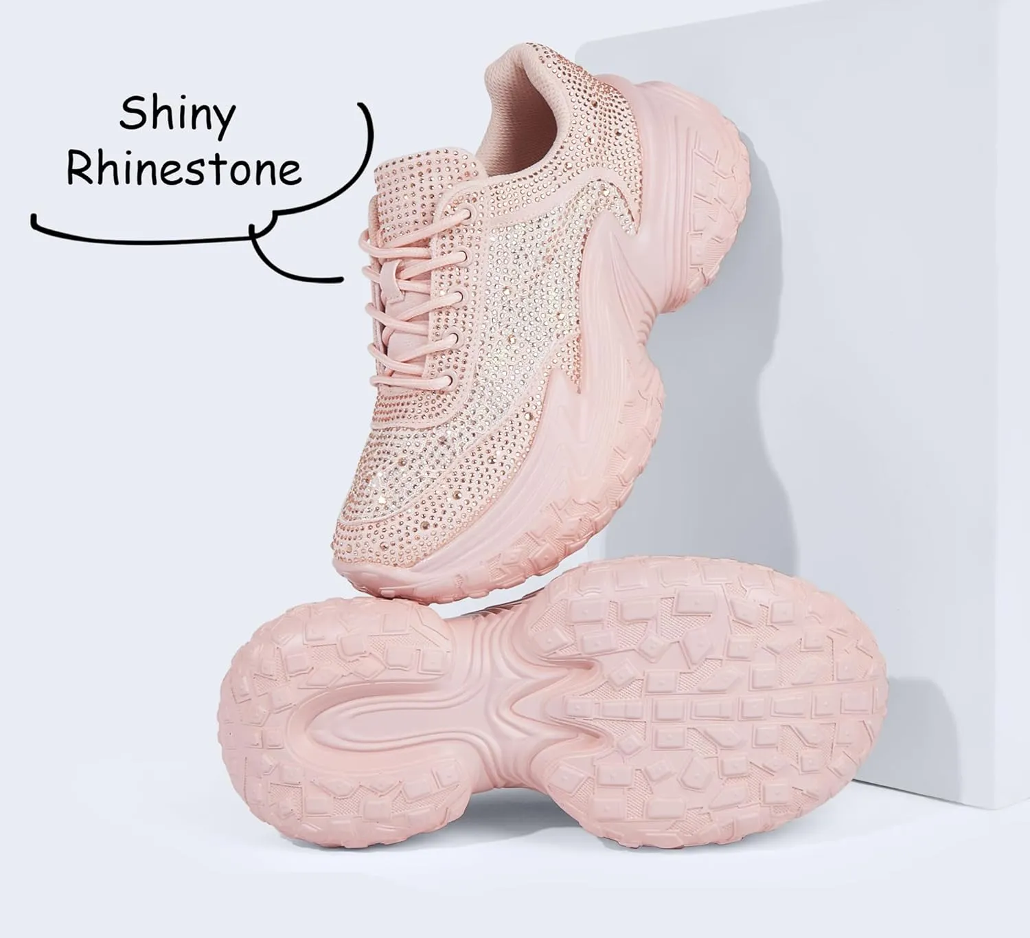 LUCKY STEP Women's Chunky Sneakers Platform Fashion Rhinestone Sparkly Dad Walking Shoes Butterfly Lace Wedge Casual Shiny Thick Sole Footwear