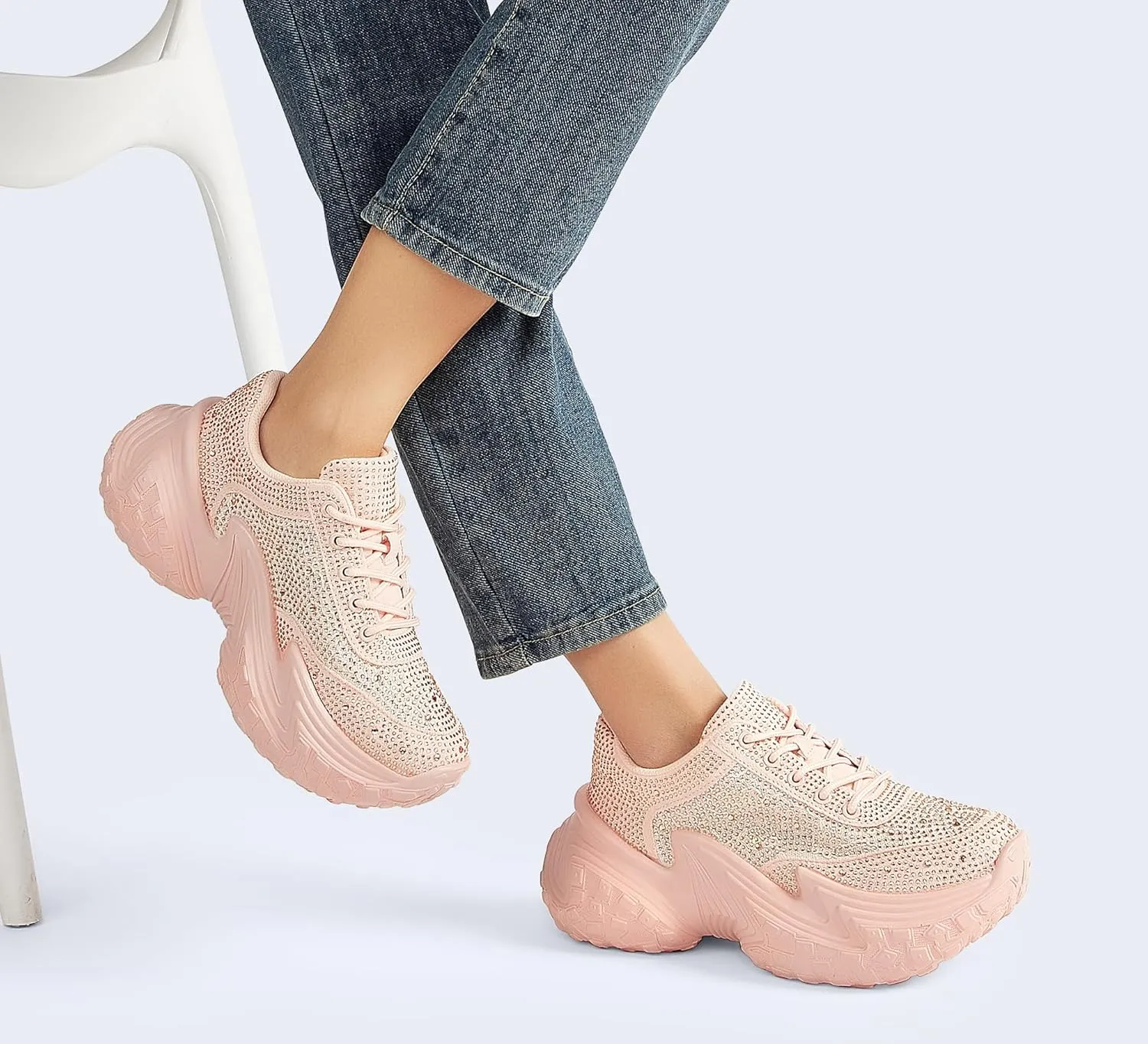 LUCKY STEP Women's Chunky Sneakers Platform Fashion Rhinestone Sparkly Dad Walking Shoes Butterfly Lace Wedge Casual Shiny Thick Sole Footwear