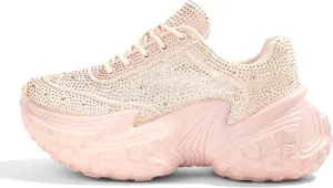 LUCKY STEP Women's Chunky Sneakers Platform Fashion Rhinestone Sparkly Dad Walking Shoes Butterfly Lace Wedge Casual Shiny Thick Sole Footwear
