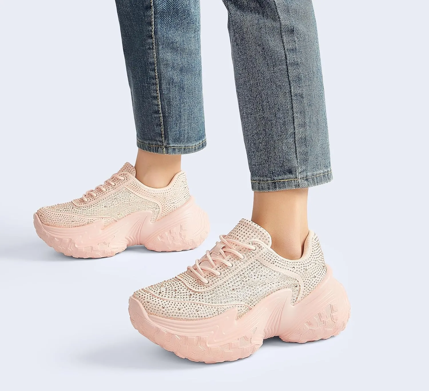 LUCKY STEP Women's Chunky Sneakers Platform Fashion Rhinestone Sparkly Dad Walking Shoes Butterfly Lace Wedge Casual Shiny Thick Sole Footwear