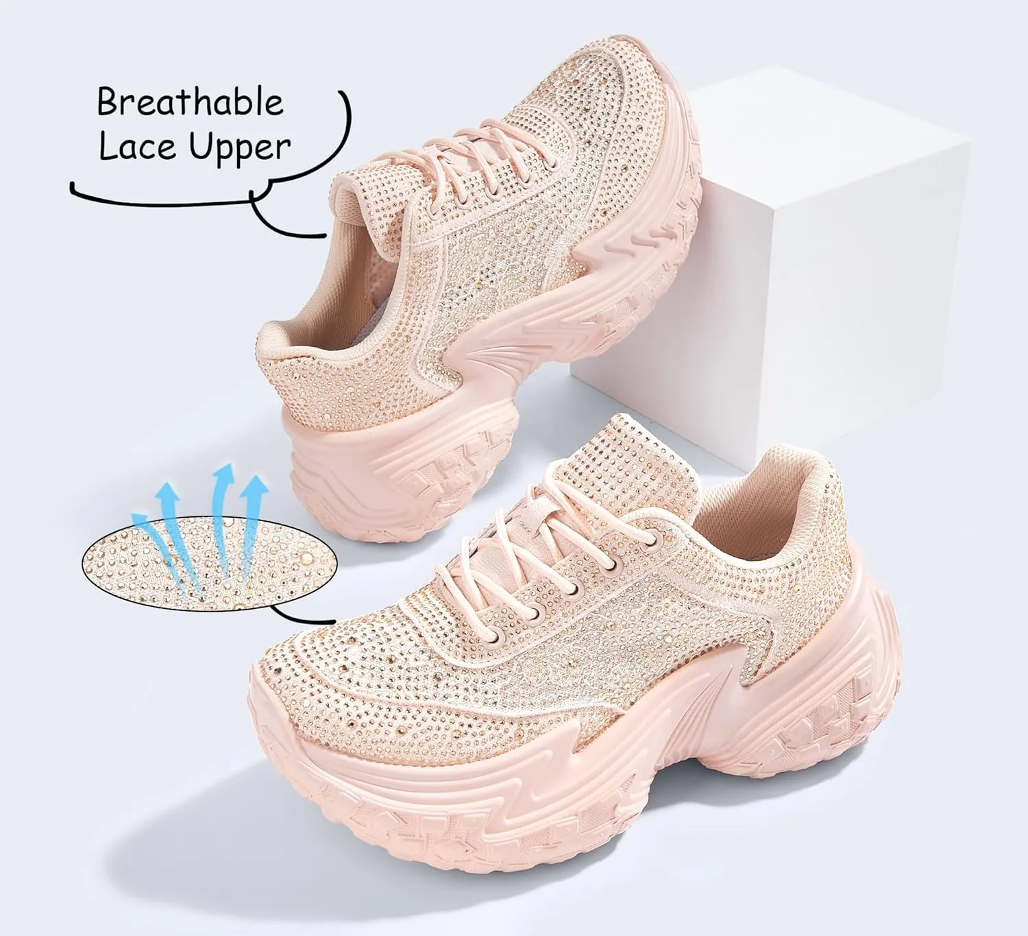 LUCKY STEP Women's Chunky Sneakers Platform Fashion Rhinestone Sparkly Dad Walking Shoes Butterfly Lace Wedge Casual Shiny Thick Sole Footwear
