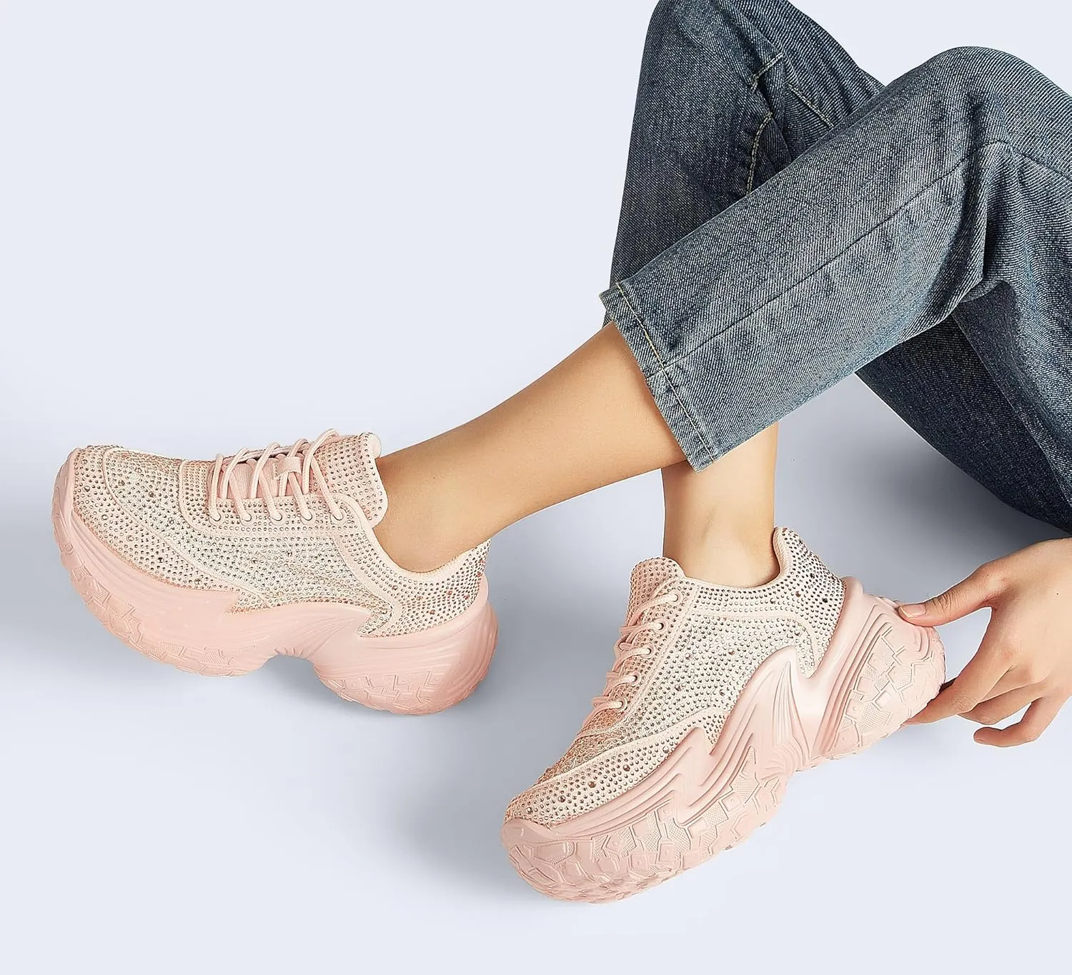 LUCKY STEP Women's Chunky Sneakers Platform Fashion Rhinestone Sparkly Dad Walking Shoes Butterfly Lace Wedge Casual Shiny Thick Sole Footwear