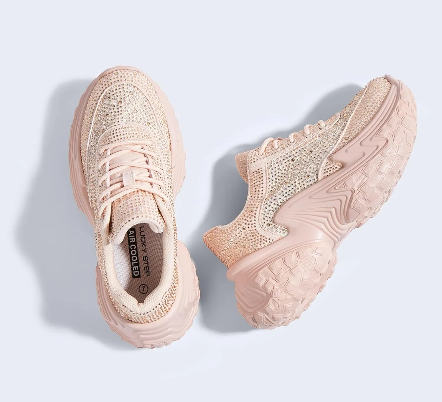 LUCKY STEP Women's Chunky Sneakers Platform Fashion Rhinestone Sparkly Dad Walking Shoes Butterfly Lace Wedge Casual Shiny Thick Sole Footwear
