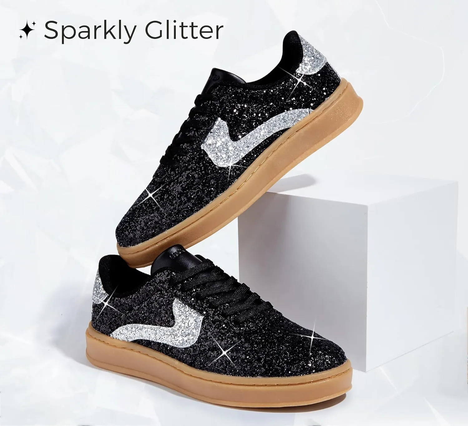 LUCKY STEP Women's Glitter Sneakers Fashion Retro Casual Sparkly Bling Shiny Dressy Bedazzled Bridal Wedding Anti Slip Walking Shoes