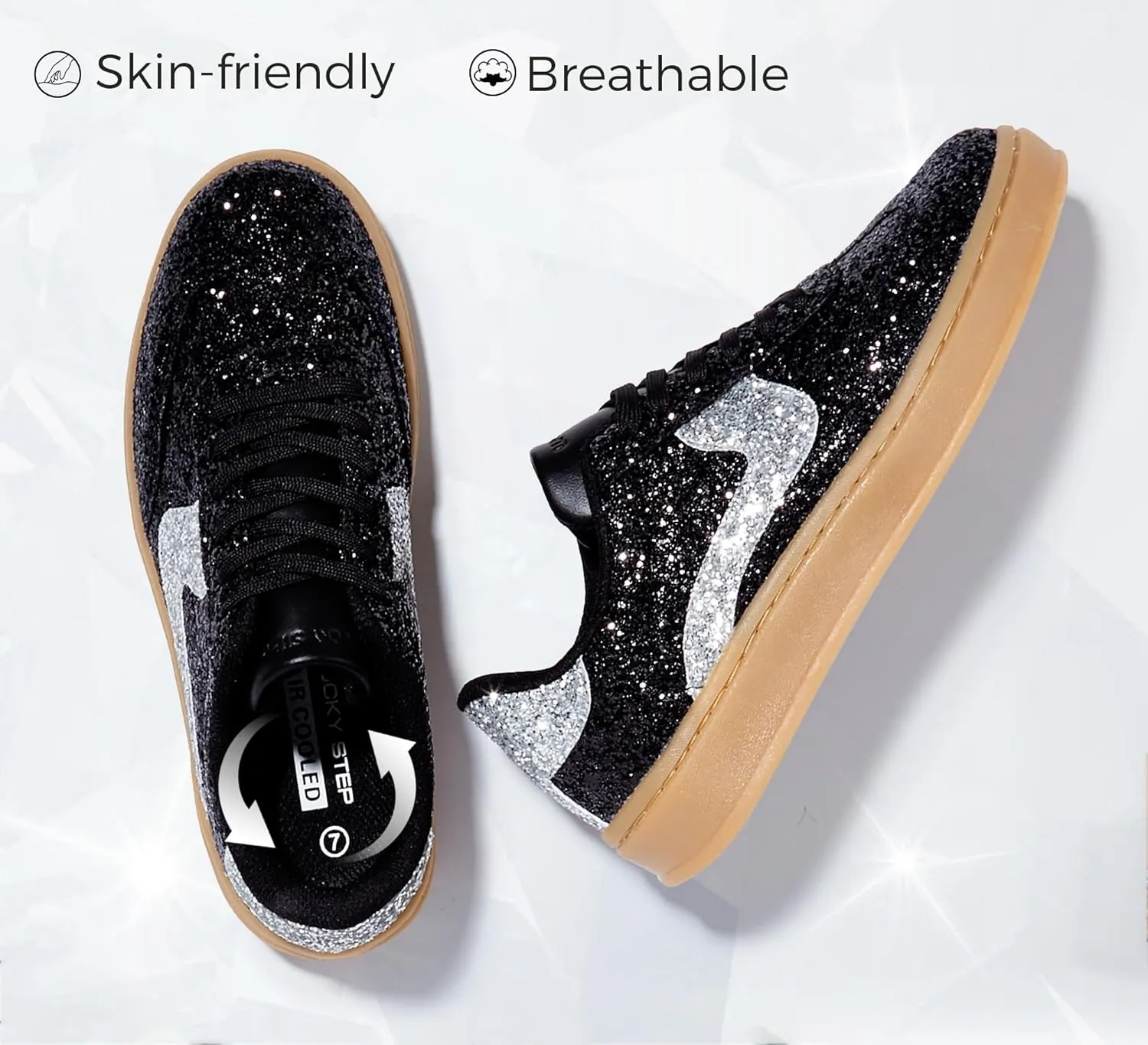 LUCKY STEP Women's Glitter Sneakers Fashion Retro Casual Sparkly Bling Shiny Dressy Bedazzled Bridal Wedding Anti Slip Walking Shoes