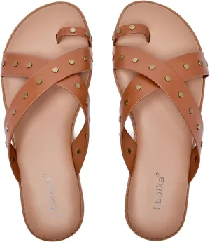 Luoika Women's Wide Width Flat Sandals, Flip Flop Slides Sandal Casual Strapy Sandal Slip on Summer Beach Shoes for Women.