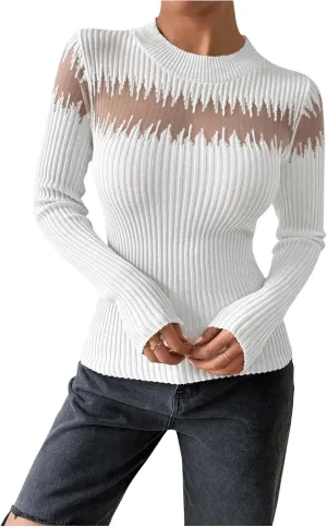 MakeMeChic Women's Crew Neck Fitted Sweater Sheer Mesh Long Sleeve Knit Top