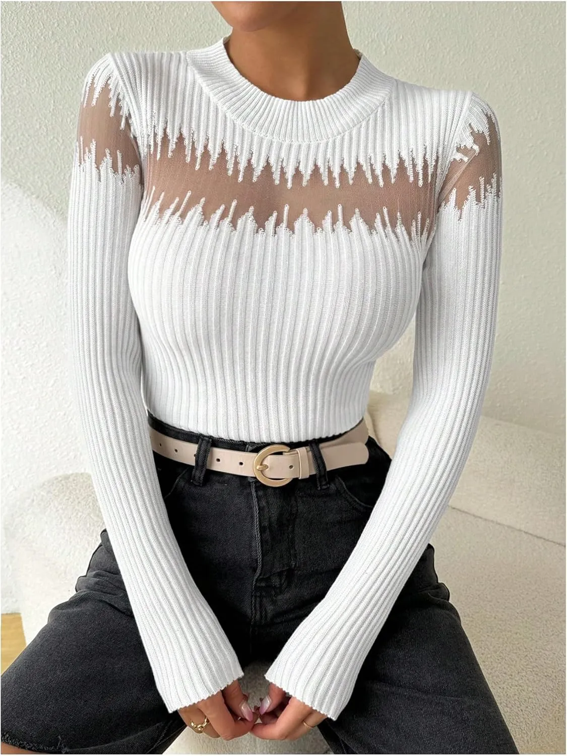 MakeMeChic Women's Crew Neck Fitted Sweater Sheer Mesh Long Sleeve Knit Top
