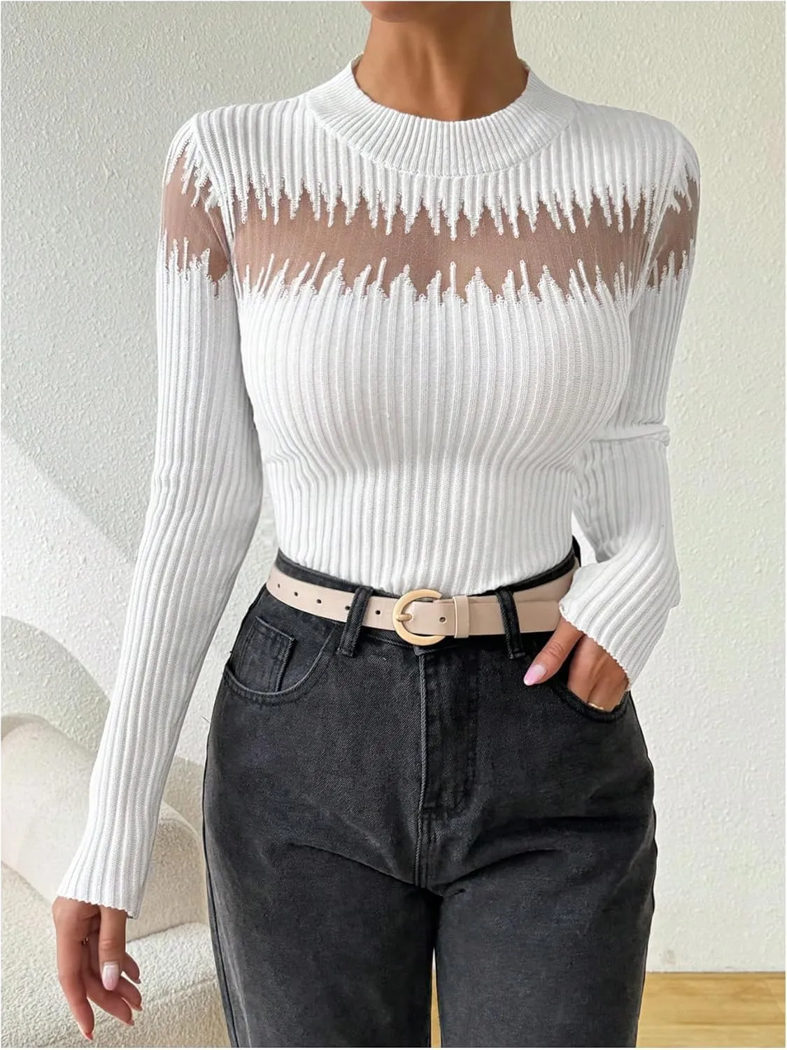 MakeMeChic Women's Crew Neck Fitted Sweater Sheer Mesh Long Sleeve Knit Top