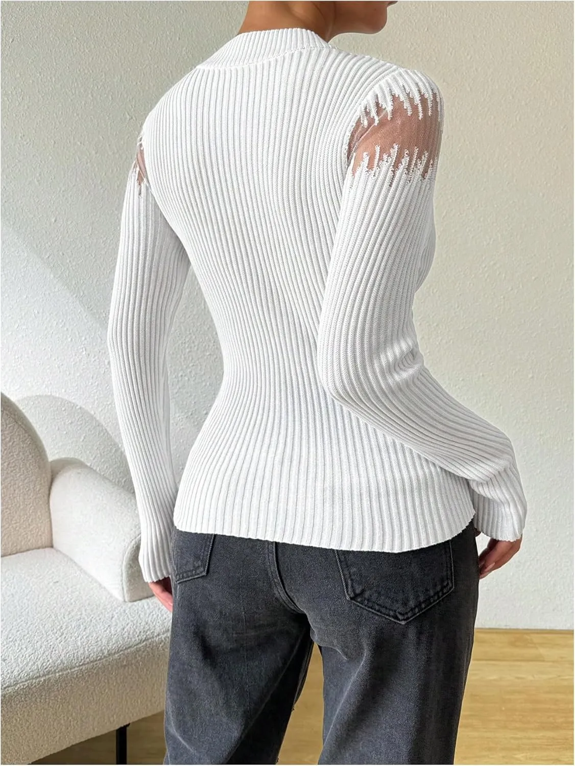MakeMeChic Women's Crew Neck Fitted Sweater Sheer Mesh Long Sleeve Knit Top