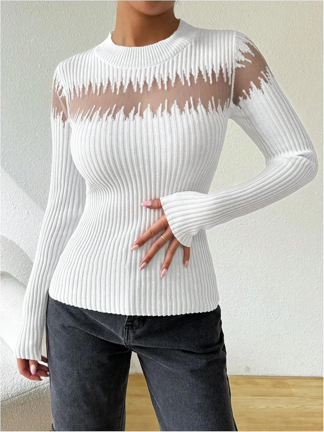 MakeMeChic Women's Crew Neck Fitted Sweater Sheer Mesh Long Sleeve Knit Top