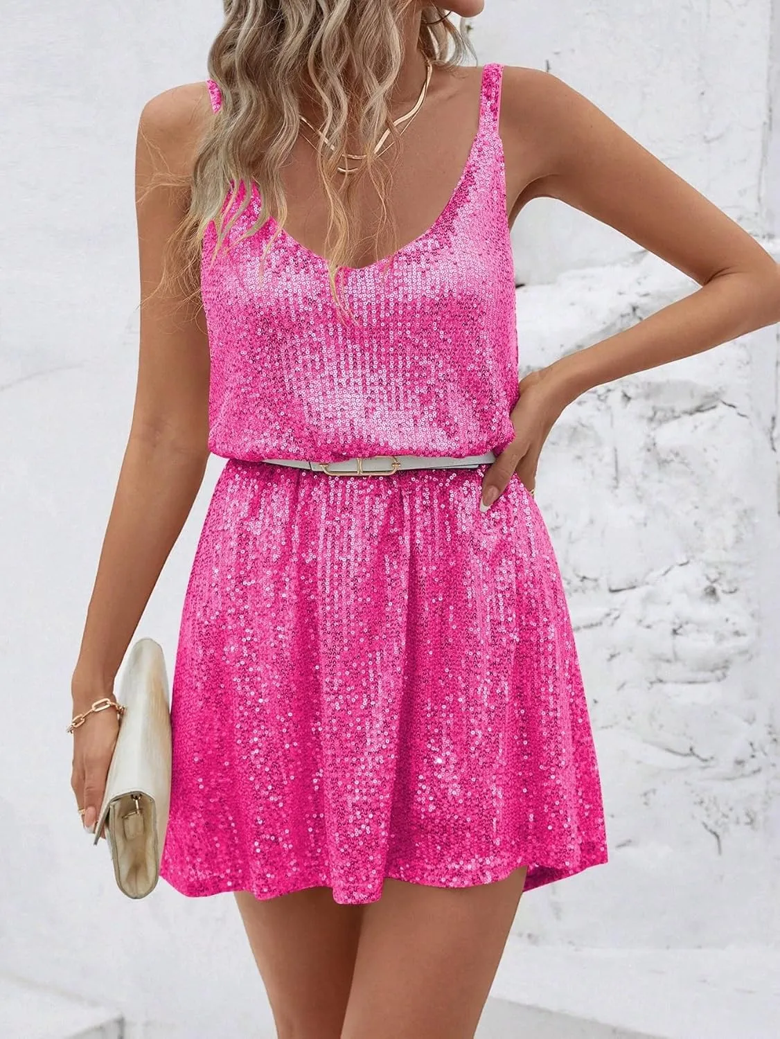 MATEKA Summer Sleeveless Sequin V-Neck Party Dress and Mini Club Party Dress Outfits