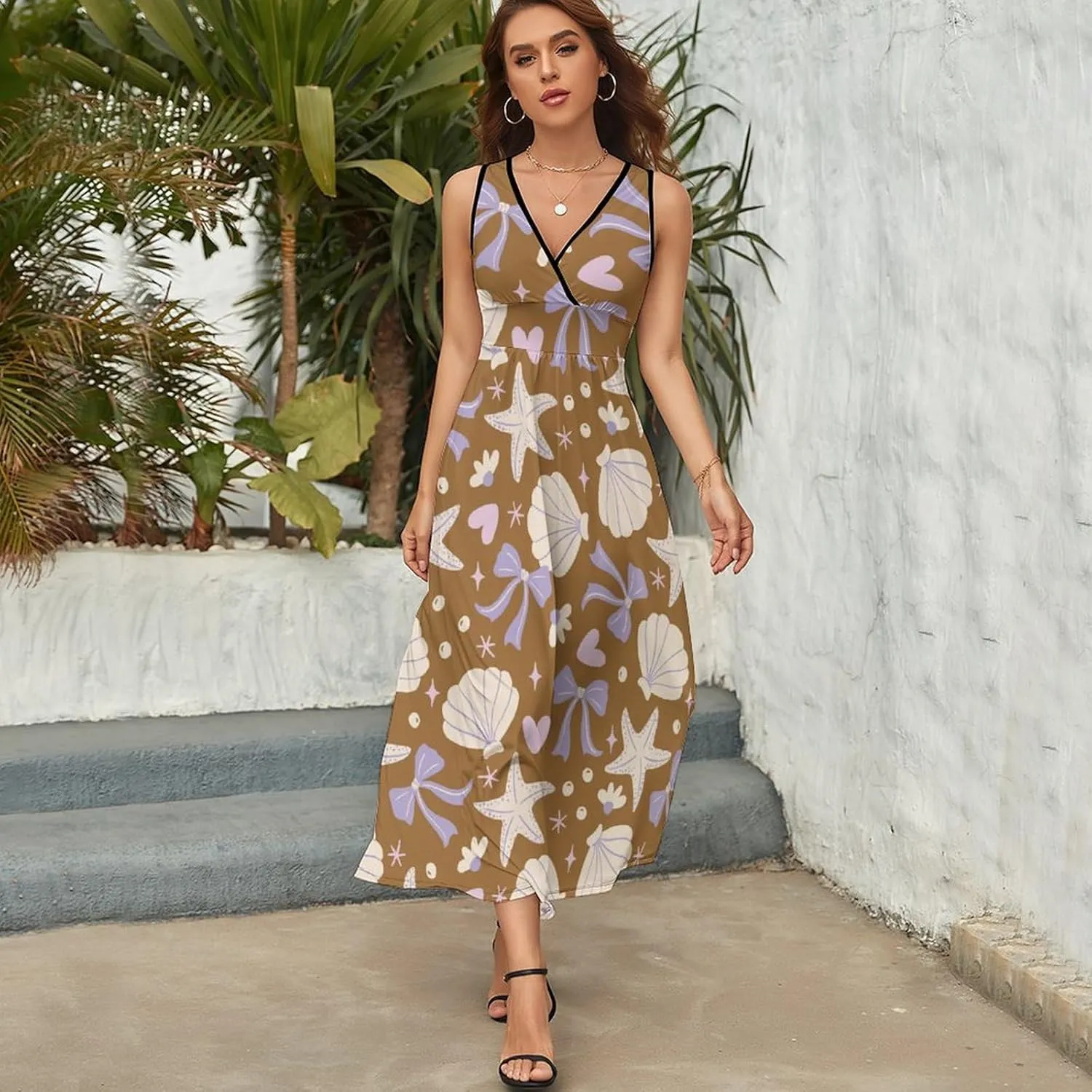 Maxi Dresses for Women Summer Sleeveless Dress Summer Seashell Casual V Neck Sundress