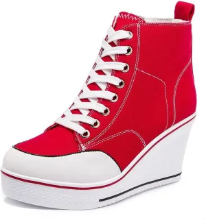 Mei MACLEOD High Heel Sneakers for Women Wedge Heel Sneaker with Side Zipper Casual Lace Up Canvas Shoes for College Students