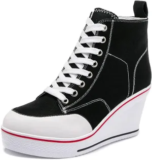 Mei MACLEOD High Heel Sneakers for Women Wedge Heel Sneaker with Side Zipper Casual Lace Up Canvas Shoes for College Students