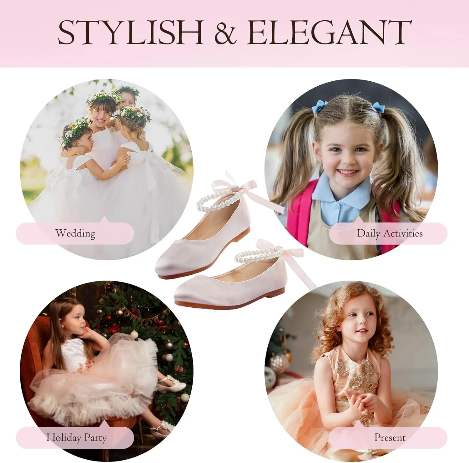 MEJORMEN Girls Dress Shoes Toddler Mary Jane Ballet Flats Princess Lace-Up Pearl Ankle Strap Dress Shoes for Flower Girls Wedding Party School