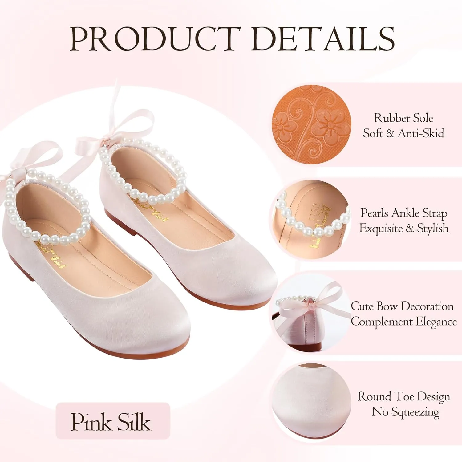 MEJORMEN Girls Dress Shoes Toddler Mary Jane Ballet Flats Princess Lace-Up Pearl Ankle Strap Dress Shoes for Flower Girls Wedding Party School