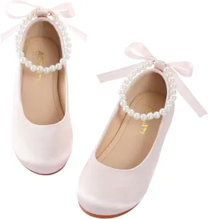 MEJORMEN Girls Dress Shoes Toddler Mary Jane Ballet Flats Princess Lace-Up Pearl Ankle Strap Dress Shoes for Flower Girls Wedding Party School