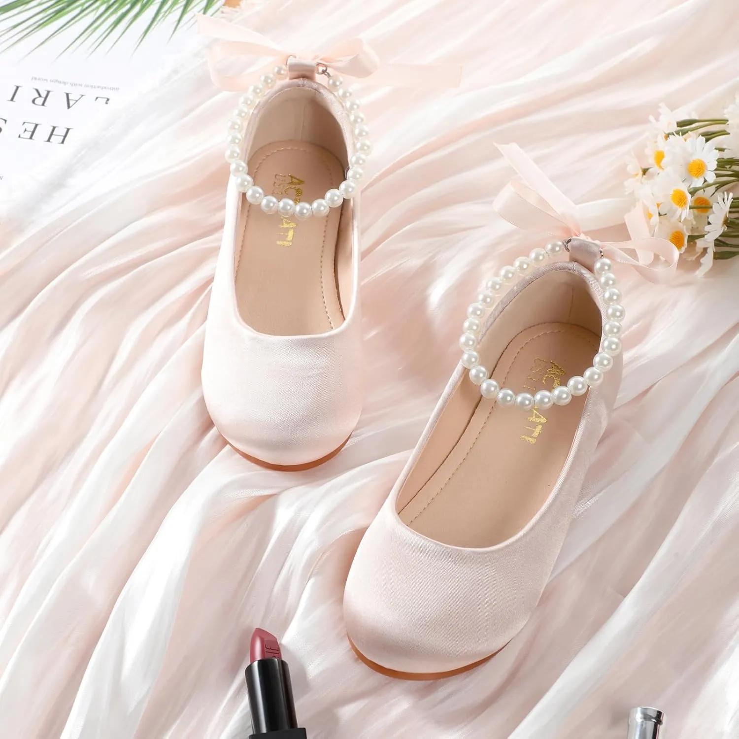 MEJORMEN Girls Dress Shoes Toddler Mary Jane Ballet Flats Princess Lace-Up Pearl Ankle Strap Dress Shoes for Flower Girls Wedding Party School